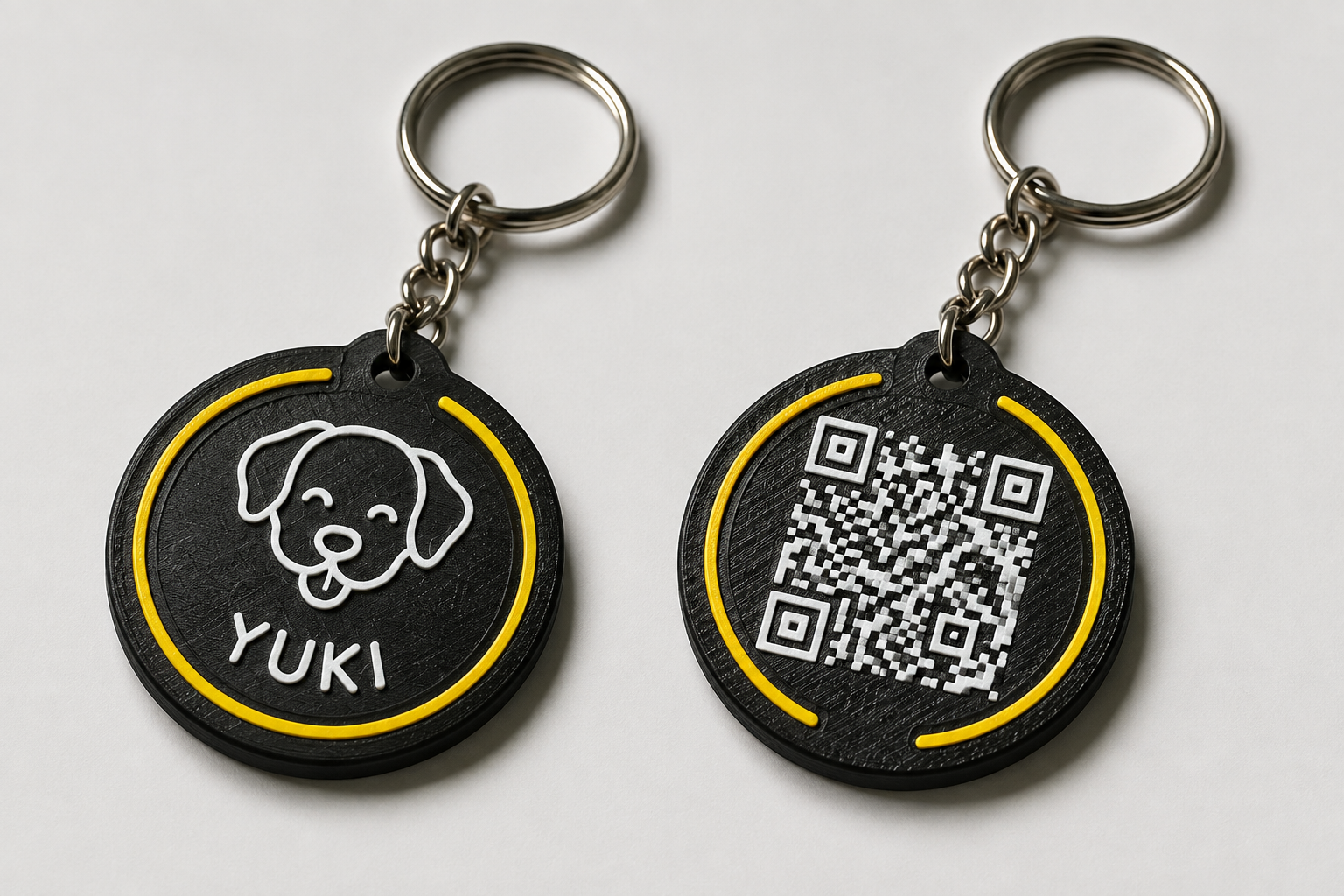 Pet ID tag example with name and animal artwork
